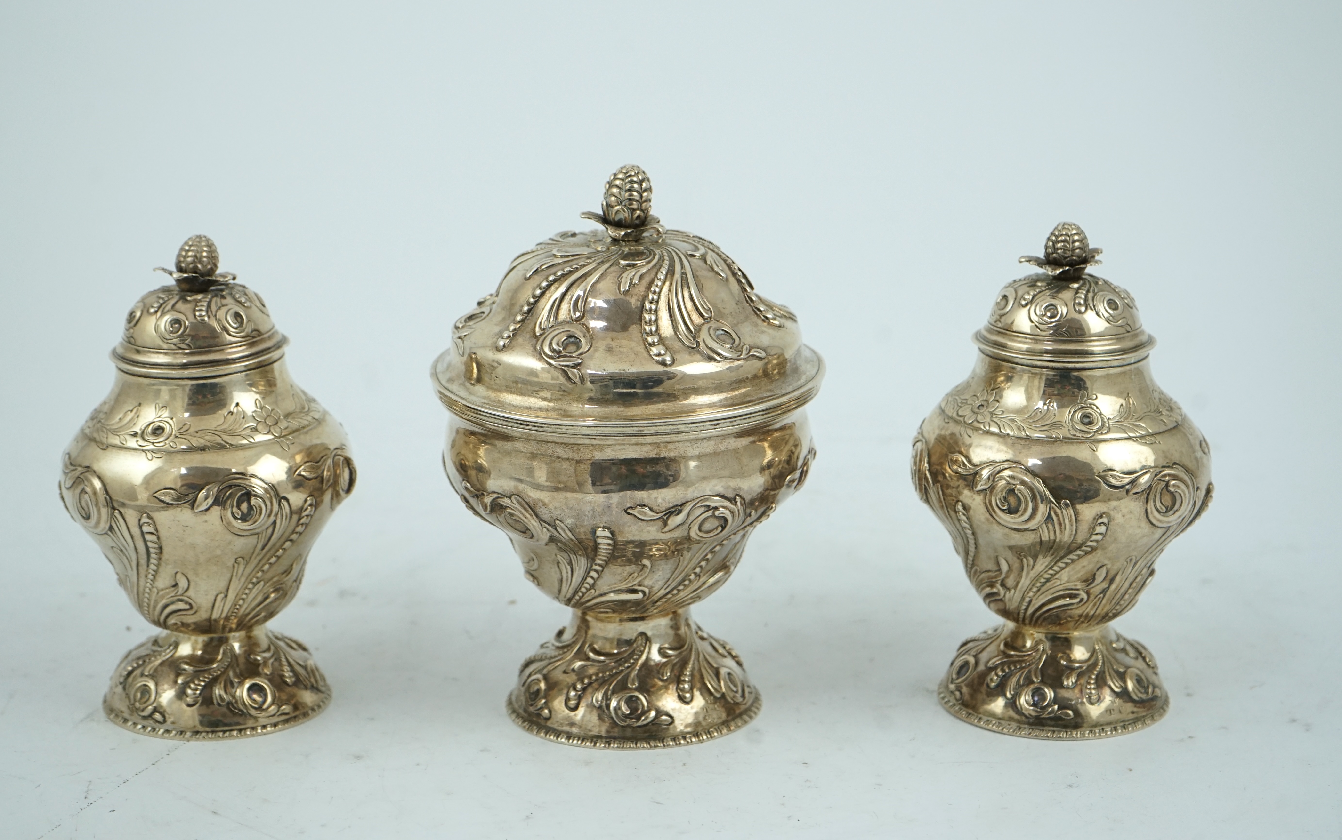 A pair of early George III silver tea caddies and a sugar bowl, by Samuel Taylor